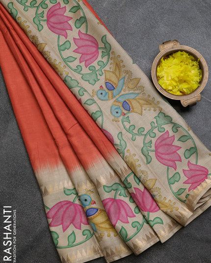 Art tussar saree rust shade and beige with plain body and tanjore printed border