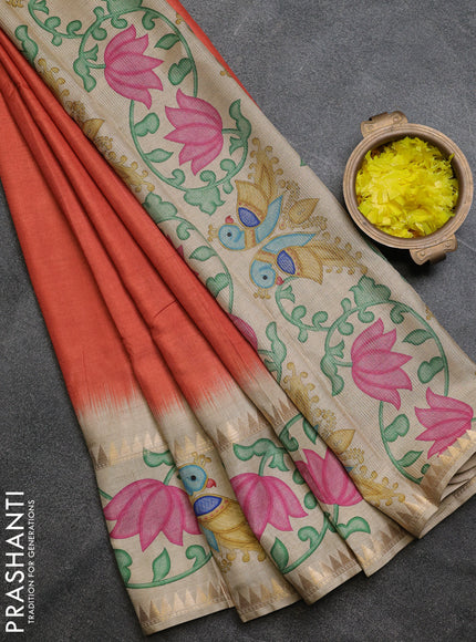 Art tussar saree rust shade and beige with plain body and tanjore printed border