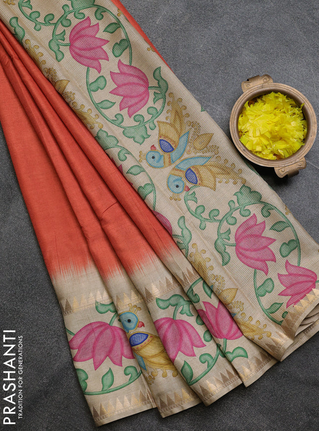 Art tussar saree rust shade and beige with plain body and tanjore printed border