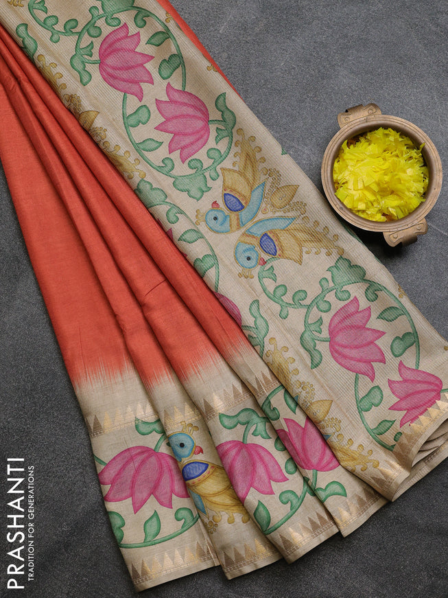 Art tussar saree rust shade and beige with plain body and tanjore printed border
