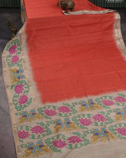Art tussar saree rust shade and beige with plain body and tanjore printed border