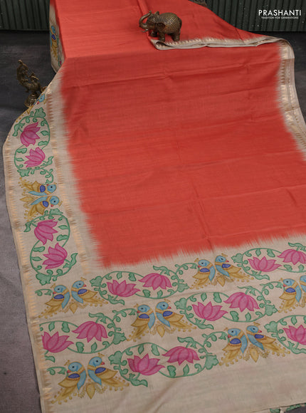 Art tussar saree rust shade and beige with plain body and tanjore printed border