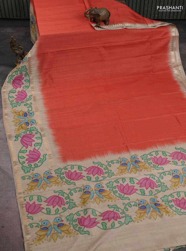 Art tussar saree rust shade and beige with plain body and tanjore printed border