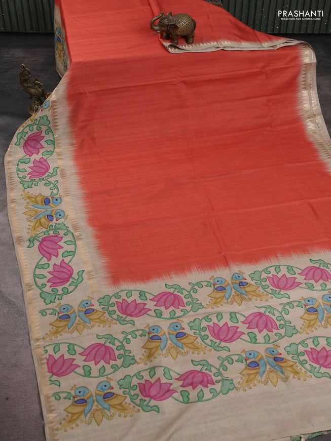 Art tussar saree rust shade and beige with plain body and tanjore printed border