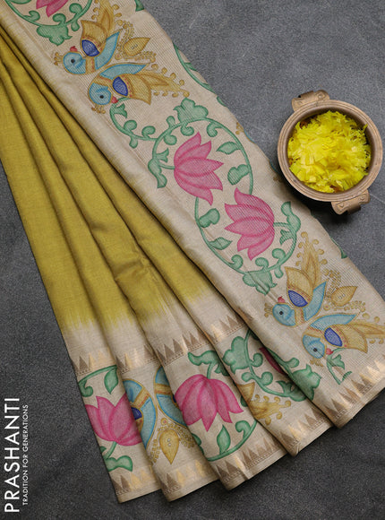 Art tussar saree lime green and beige with plain body and tanjore printed border