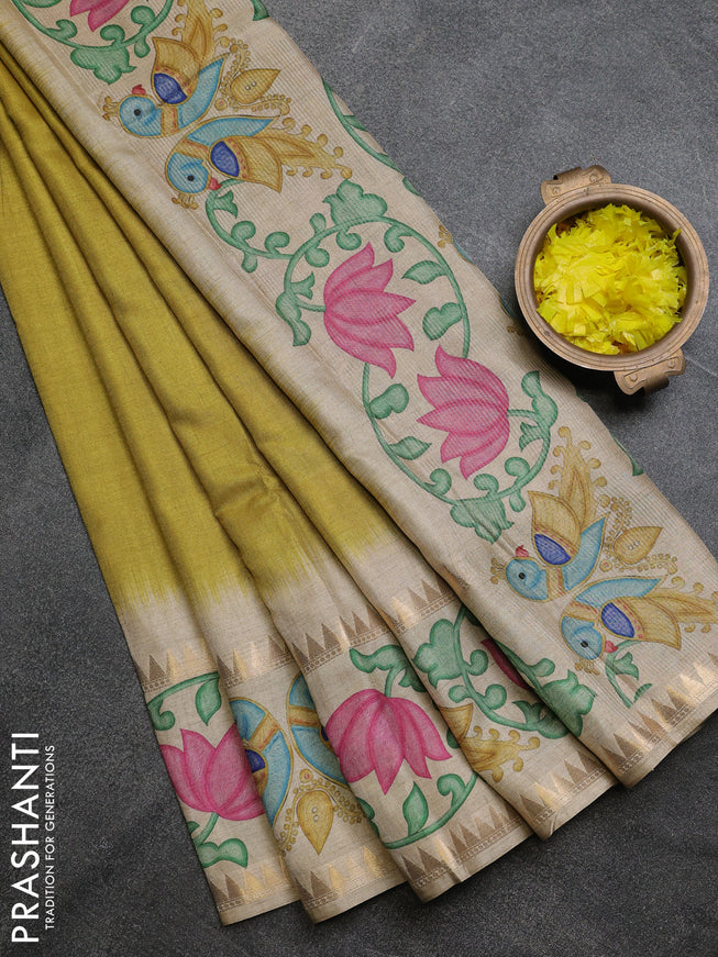 Art tussar saree lime green and beige with plain body and tanjore printed border