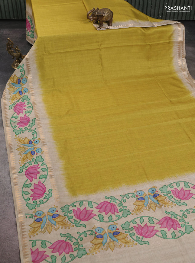 Art tussar saree lime green and beige with plain body and tanjore printed border