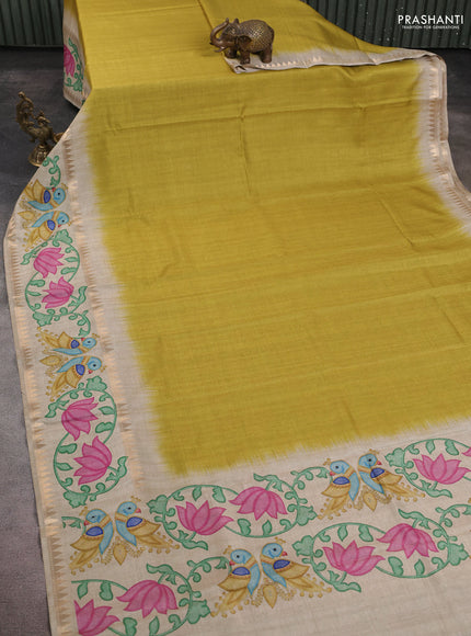 Art tussar saree lime green and beige with plain body and tanjore printed border