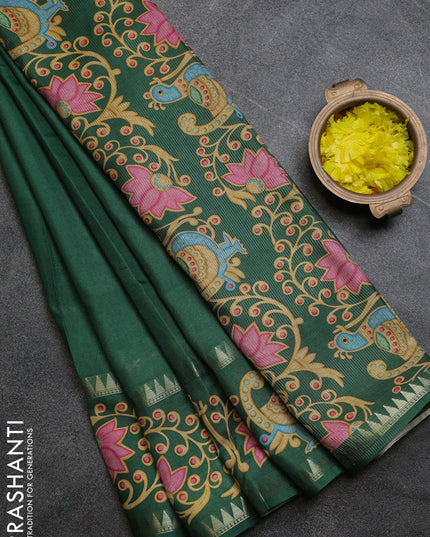Art tussar saree green with plain body and tanjore printed border