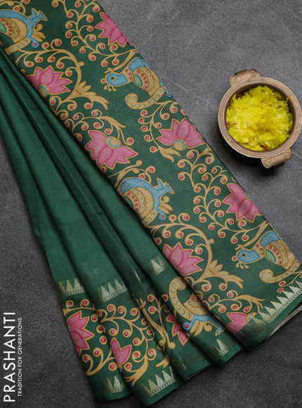 Art tussar saree green with plain body and tanjore printed border