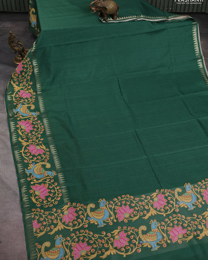 Art tussar saree green with plain body and tanjore printed border