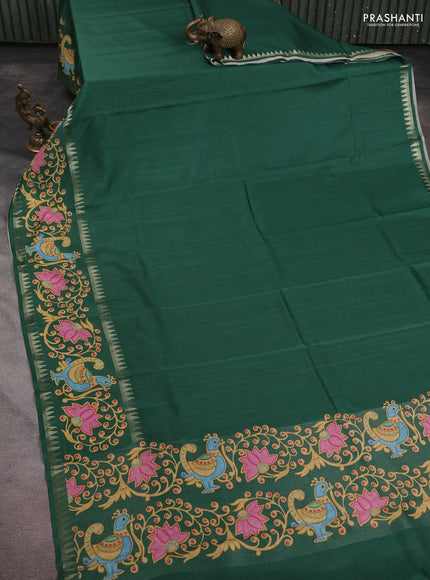 Art tussar saree green with plain body and tanjore printed border