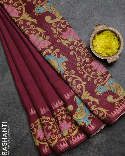 Art tussar saree wine shade with plain body and tanjore printed border