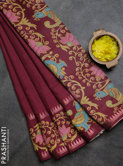 Art tussar saree wine shade with plain body and tanjore printed border