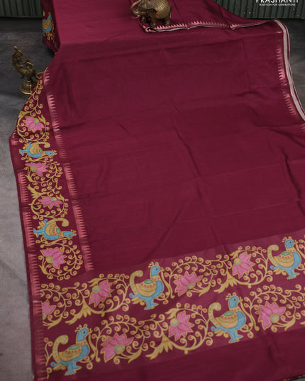 Art tussar saree wine shade with plain body and tanjore printed border