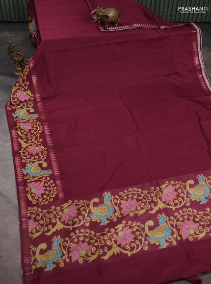Art tussar saree wine shade with plain body and tanjore printed border