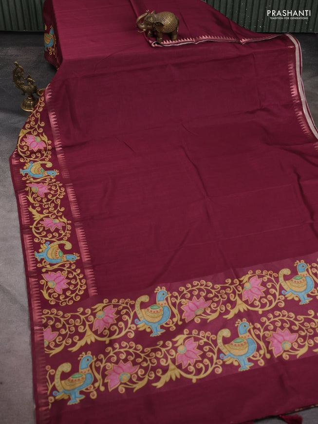 Art tussar saree wine shade with plain body and tanjore printed border
