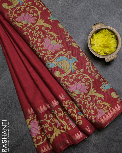 Art tussar saree maroon with plain body and tanjore printed border
