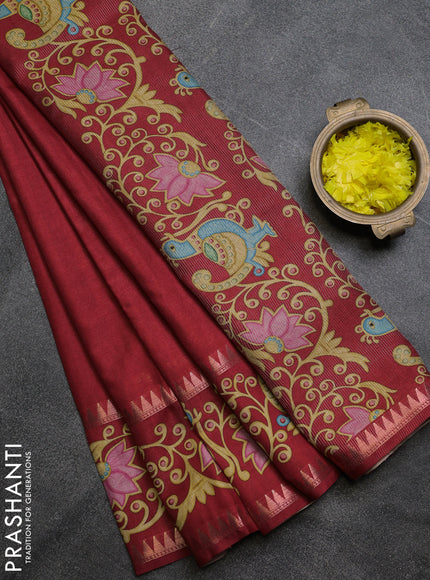 Art tussar saree maroon with plain body and tanjore printed border