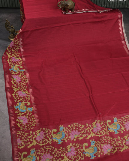 Art tussar saree maroon with plain body and tanjore printed border