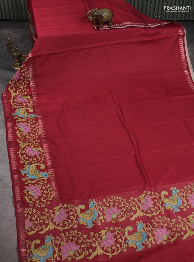 Art tussar saree maroon with plain body and tanjore printed border