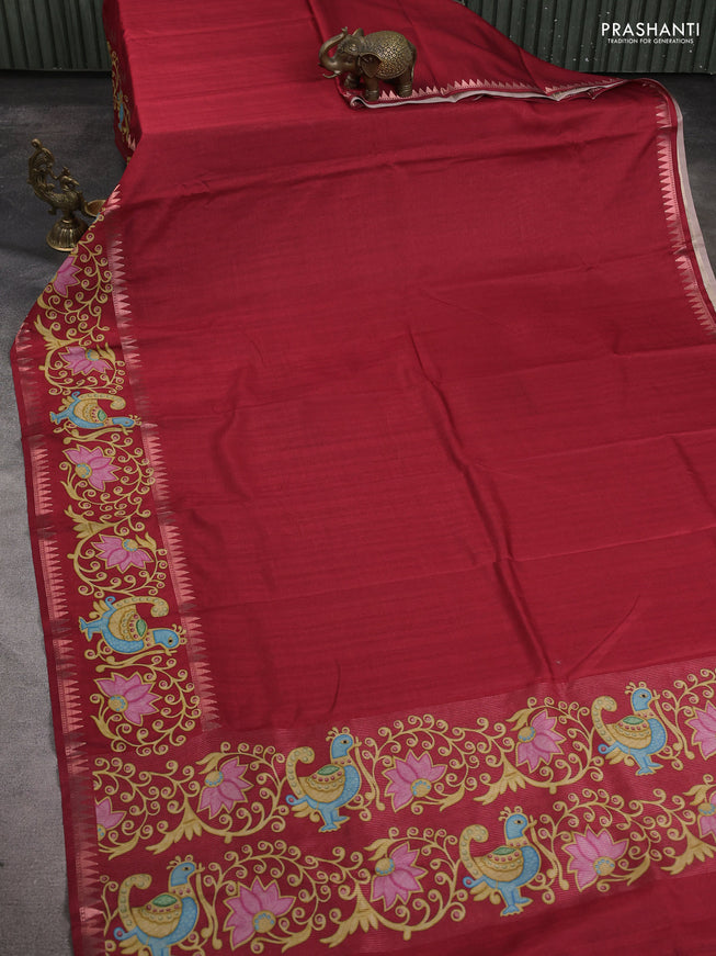 Art tussar saree maroon with plain body and tanjore printed border