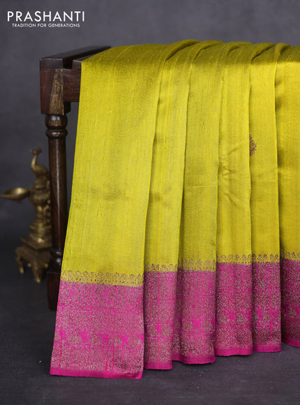 Banarasi raw silk saree lime green and pink with thread & zari woven buttas and woven border