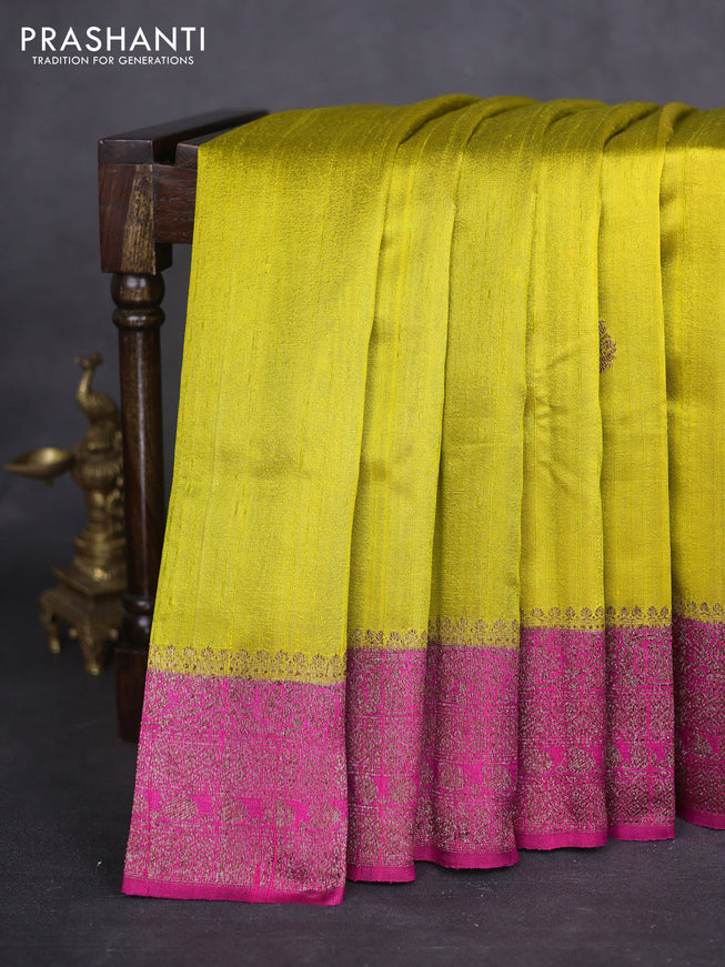 Banarasi raw silk saree lime green and pink with thread & zari woven buttas and woven border
