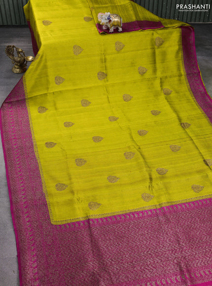 Banarasi raw silk saree lime green and pink with thread & zari woven buttas and woven border