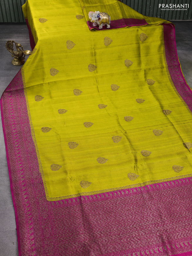 Banarasi raw silk saree lime green and pink with thread & zari woven buttas and woven border