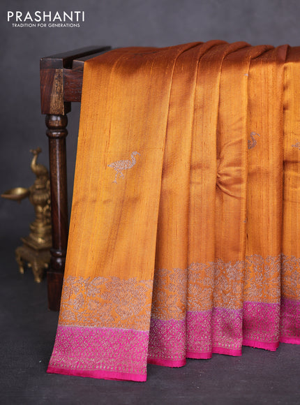 Banarasi raw silk saree dark mustard and pink with thread & zari woven buttas and woven border