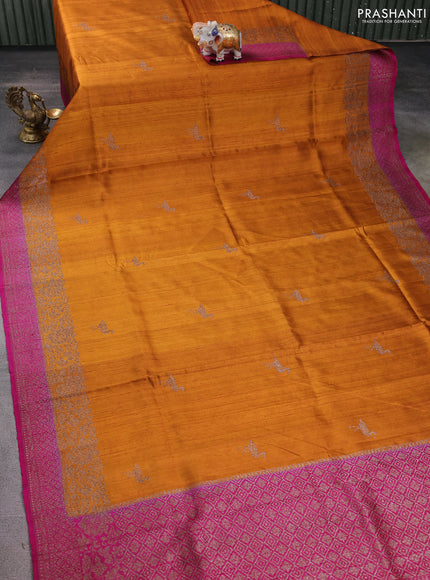 Banarasi raw silk saree dark mustard and pink with thread & zari woven buttas and woven border