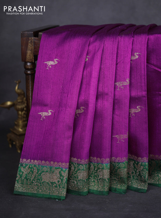 Banarasi raw silk saree purple and green with thread & zari woven buttas and woven border