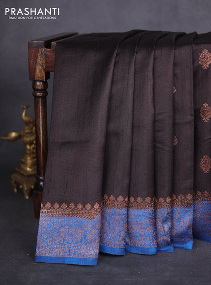 Banarasi raw silk saree coffee brown and blue with thread & zari woven buttas and woven border
