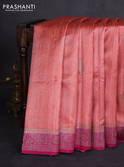 Banarasi raw silk saree peach shade and pink with thread & zari woven buttas and woven border