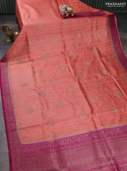 Banarasi raw silk saree peach shade and pink with thread & zari woven buttas and woven border