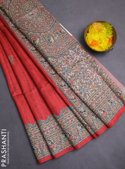 Semi tussar saree red and beige with butta prints and madhubani printed pallu & border