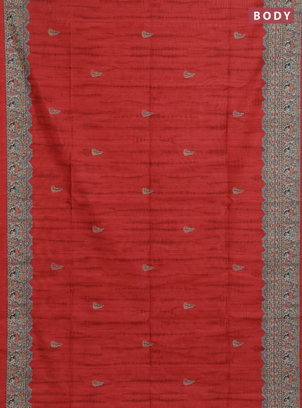 Semi tussar saree red and beige with butta prints and madhubani printed pallu & border