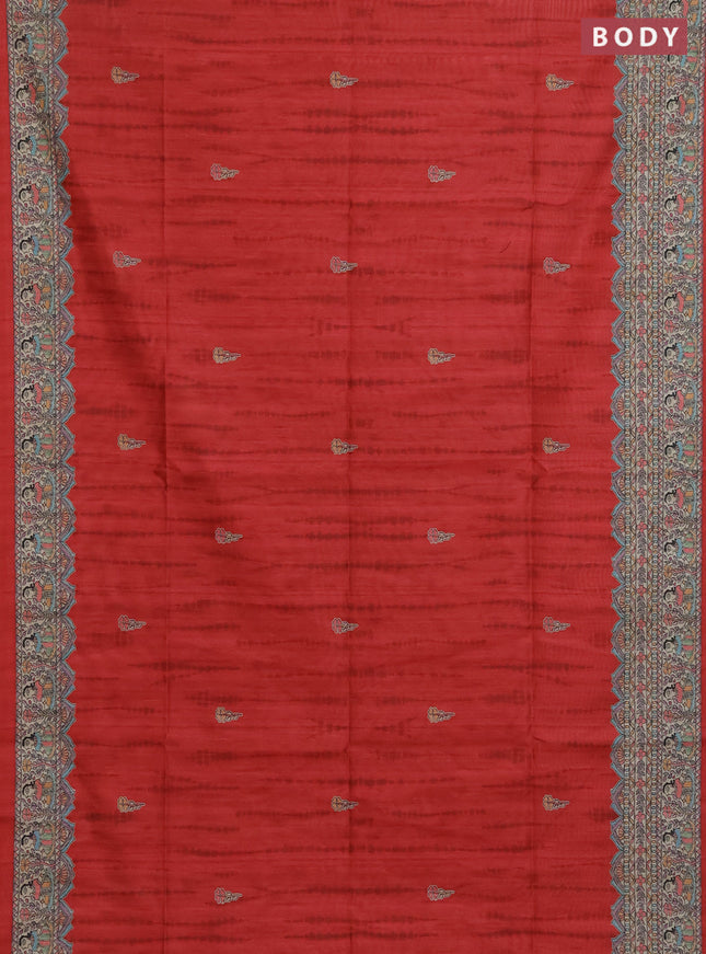 Semi tussar saree red and beige with butta prints and madhubani printed pallu & border