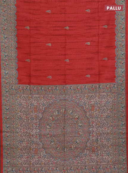 Semi tussar saree red and beige with butta prints and madhubani printed pallu & border
