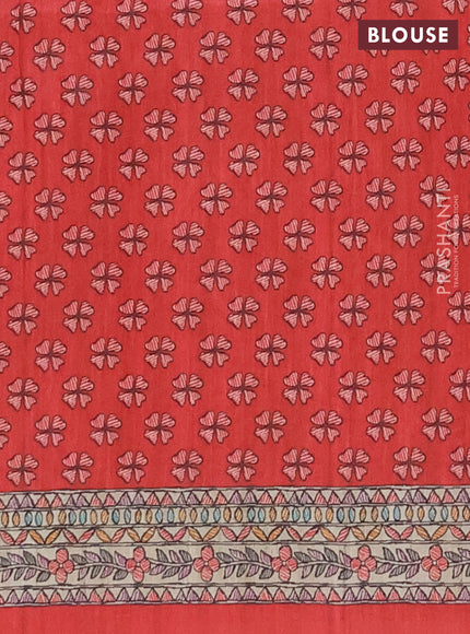 Semi tussar saree red and beige with butta prints and madhubani printed pallu & border