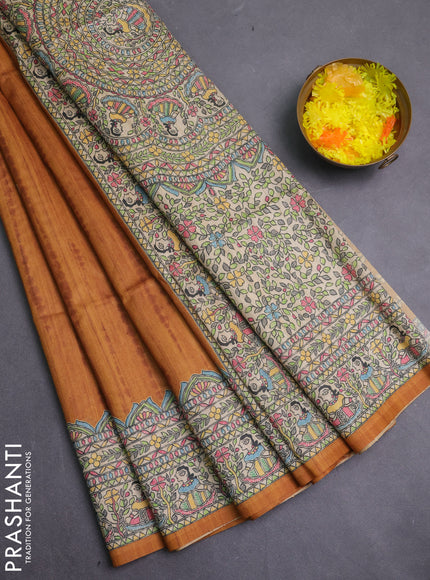 Semi tussar saree dark mustard and beige with butta prints and madhubani printed pallu & border