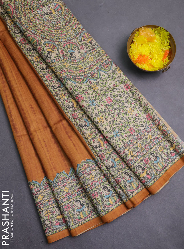 Semi tussar saree dark mustard and beige with butta prints and madhubani printed pallu & border