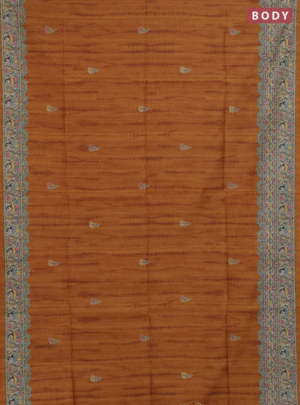 Semi tussar saree dark mustard and beige with butta prints and madhubani printed pallu & border