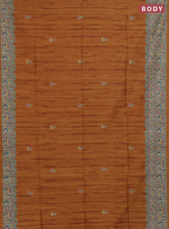 Semi tussar saree dark mustard and beige with butta prints and madhubani printed pallu & border