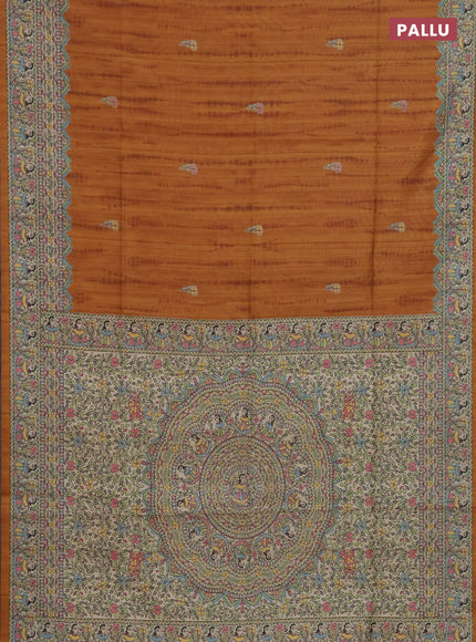 Semi tussar saree dark mustard and beige with butta prints and madhubani printed pallu & border