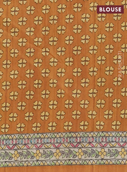 Semi tussar saree dark mustard and beige with butta prints and madhubani printed pallu & border