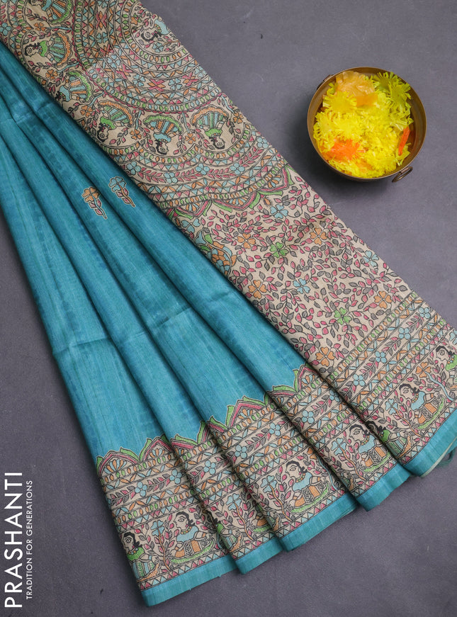 Semi tussar saree teal green and beige with butta prints and madhubani printed pallu & border