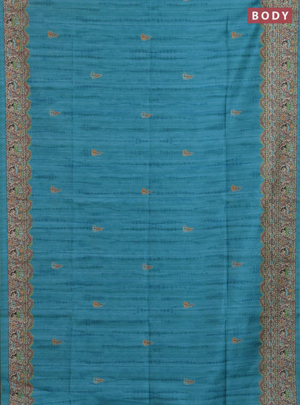 Semi tussar saree teal green and beige with butta prints and madhubani printed pallu & border