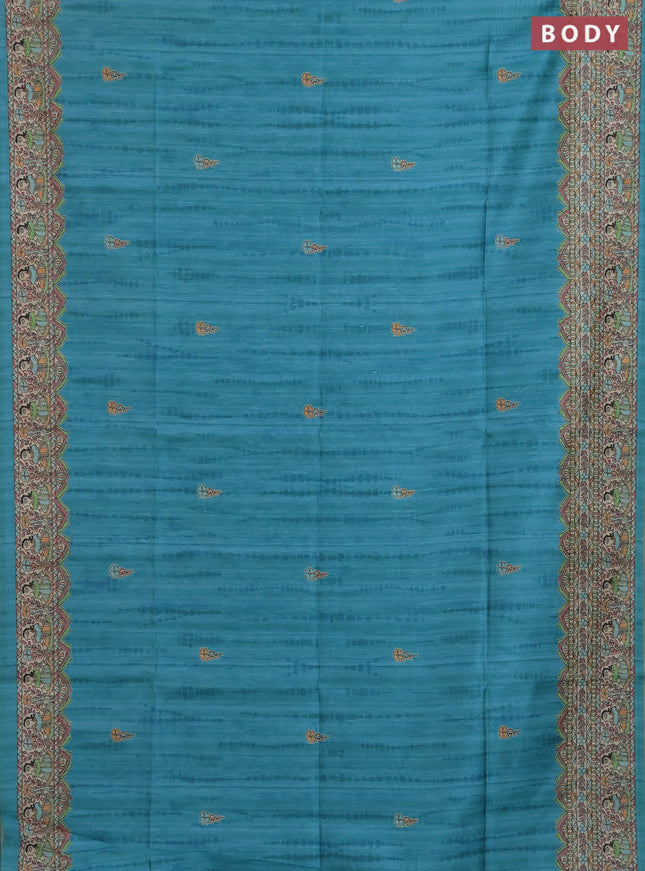 Semi tussar saree teal green and beige with butta prints and madhubani printed pallu & border